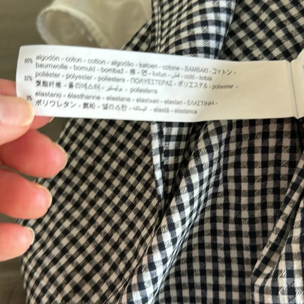 Zara Gingham Puff Sleeve Mock Neck Blouse